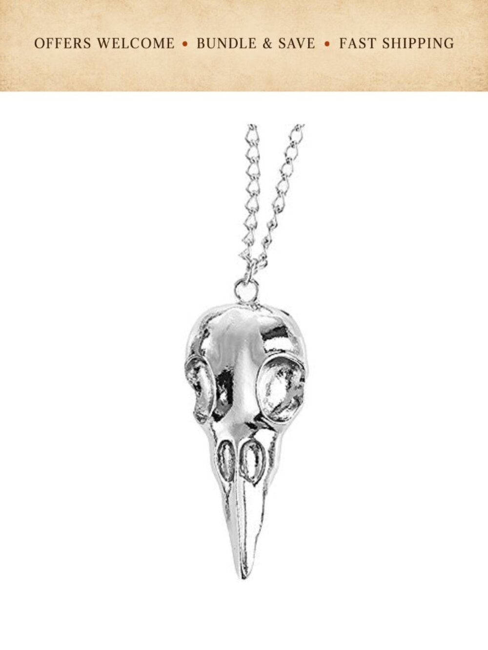 Punk Metal Crow Skull Necklace 3D Animal Bird Pendant Gothic Jewelry